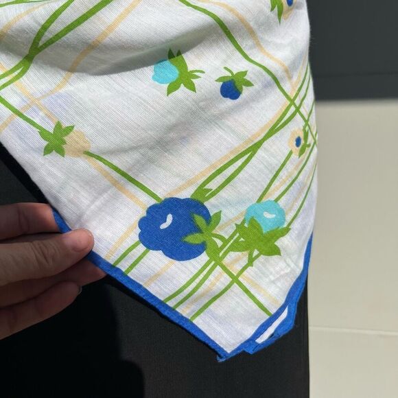 Vintage Blue & Green Floral Grid Print Scarf 25"x25" Square Lightweight - Picture 6 of 7